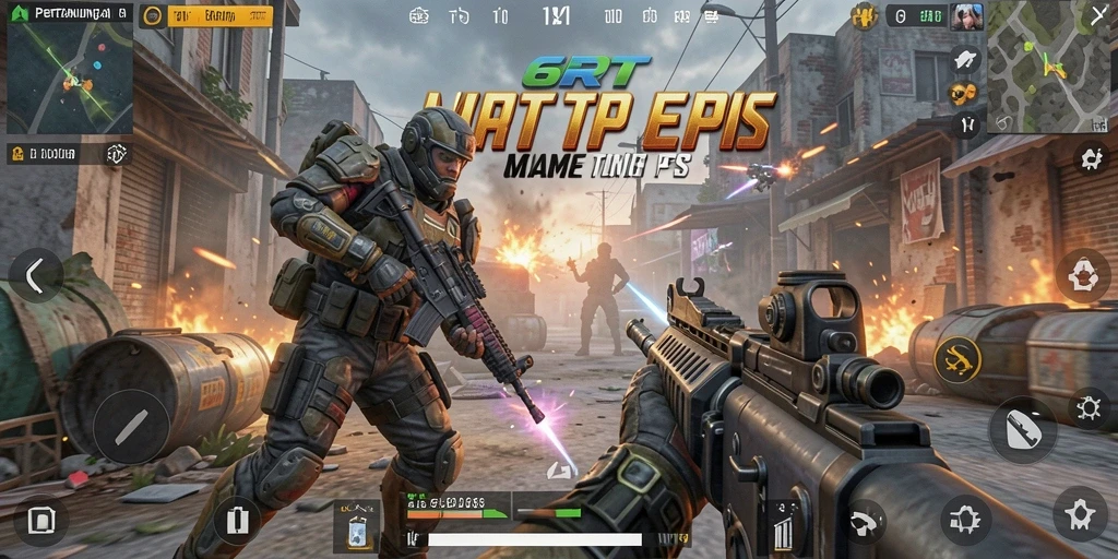 Menampilkan aksi intens di arena tempur FPS.