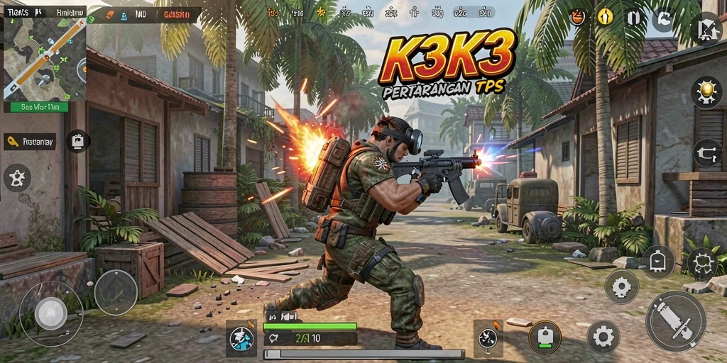 Screenshot utama K3K3 menampilkan momen aksi seru dalam game TPS.