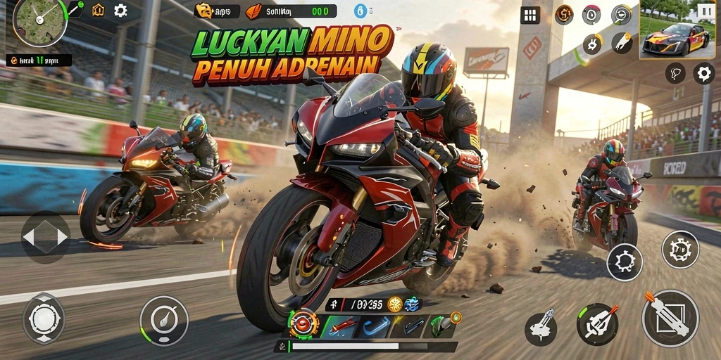 Tampilan gameplay menarik di LUCKYMINO yang penuh aksi balap motor.