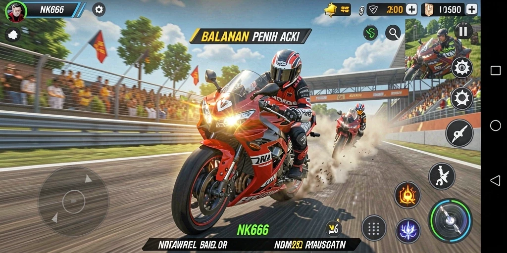 Tampilan gameplay seru dalam balapan motor penuh aksi.