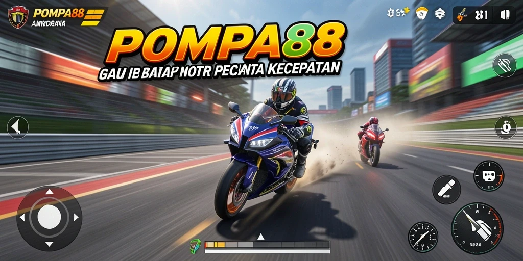 Tangkapan layar <strong>POMPA88</strong> menampilkan aksi balap motor yang spektakuler dan intens.