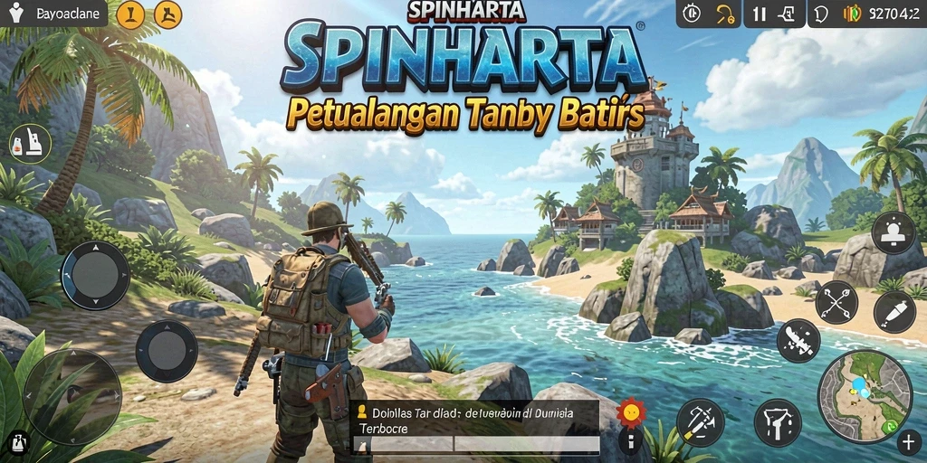 Screenshot gameplay SPINHARTA menampilkan lingkungan yang luas dan interaktif.