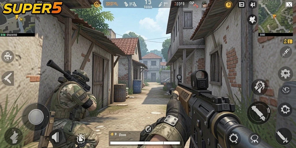 Tangkapan layar utama <strong>SUPER5</strong> menampilkan aksi pertempuran FPS yang mendebarkan.
